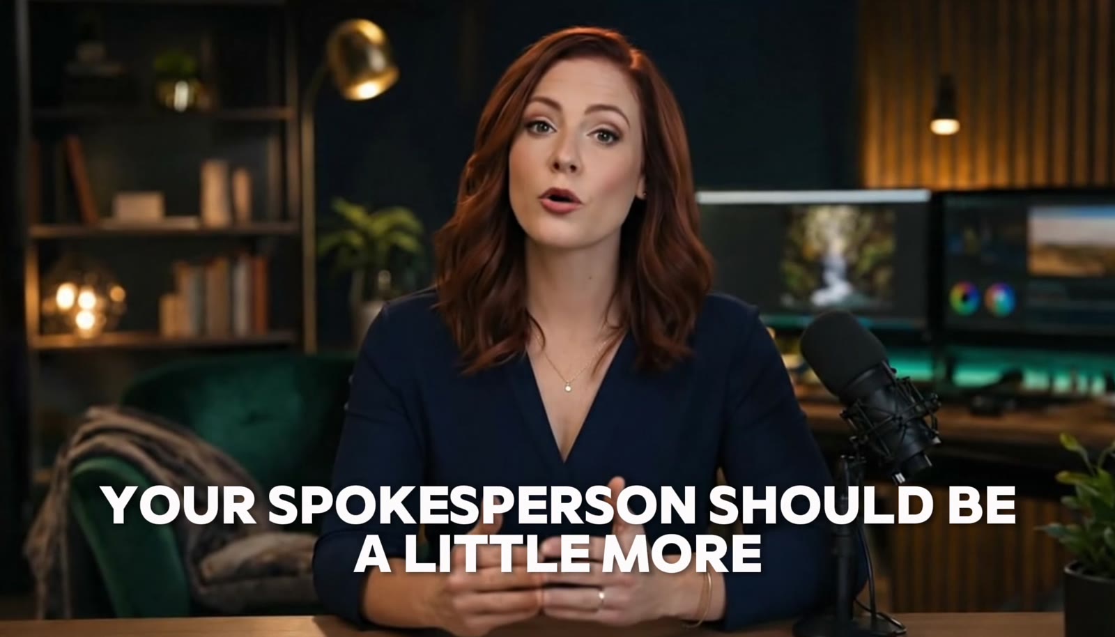 A realistic AI spokesperson presenting from a professional creator studio