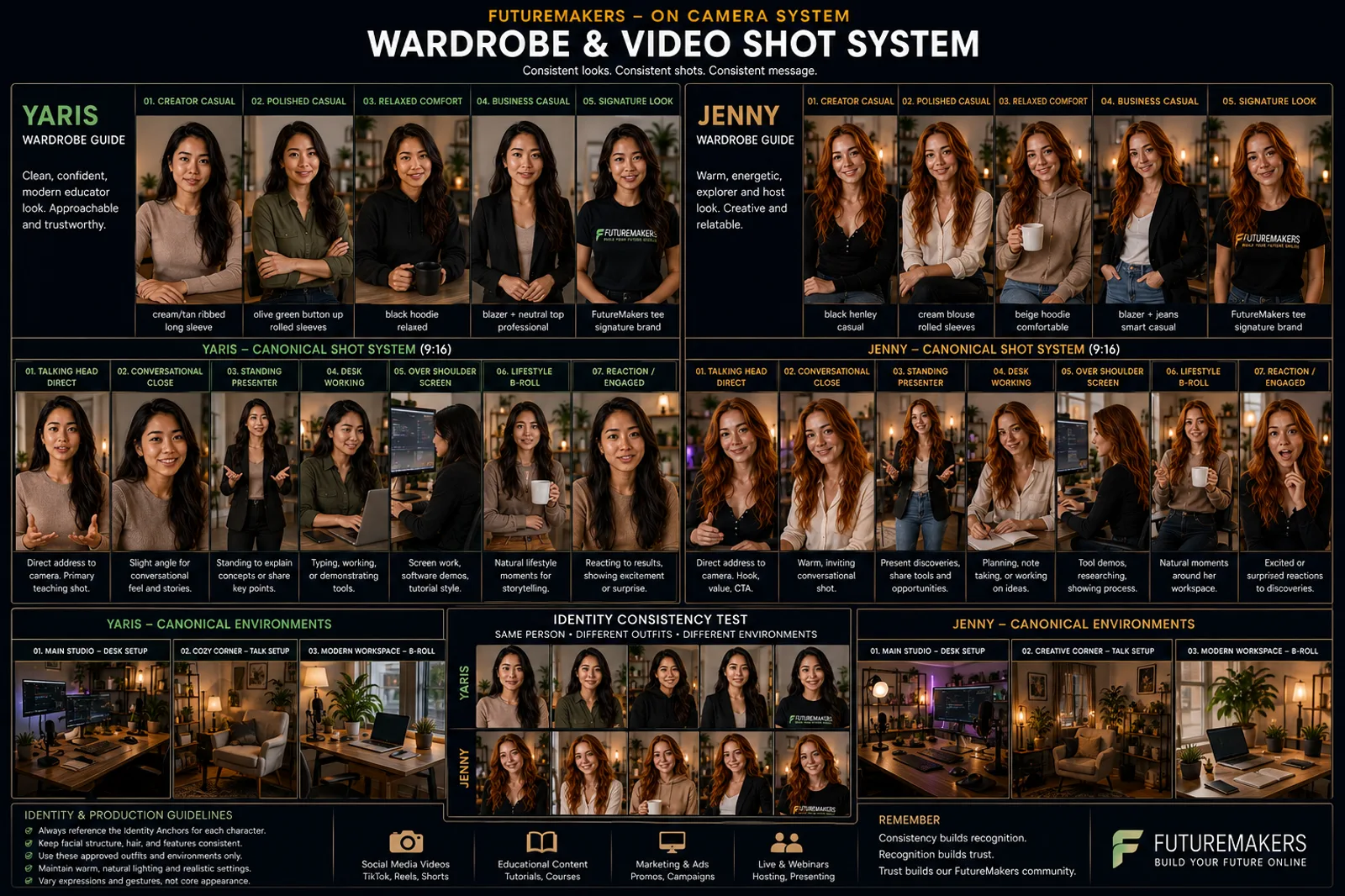 FutureMakers AI creator wardrobe, shot, environment, and identity consistency system
